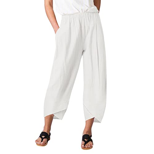 Women's Cotton Linen Summer Print Pant Trousers Elastic Waist Wide Leg Slim-Fit Palazzo Lounge Pants Business Work