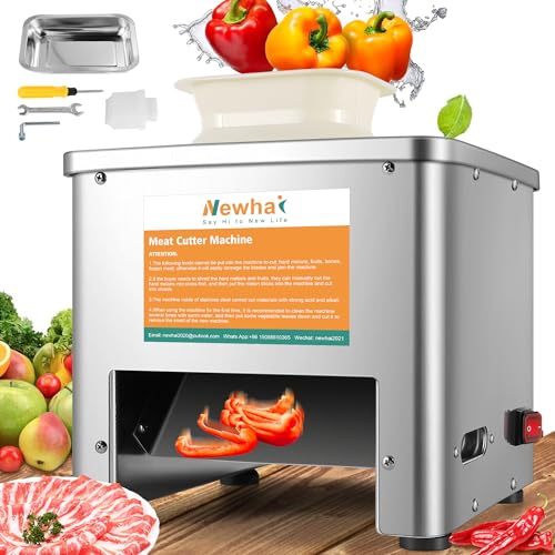 Newhai Upgraded Meat Cutter Machine, Commercial 5mm Electric Meat Slicer, Stainless Steel 350lb/h, for Slices Strips Cubes (Meat thickness: 5mm)