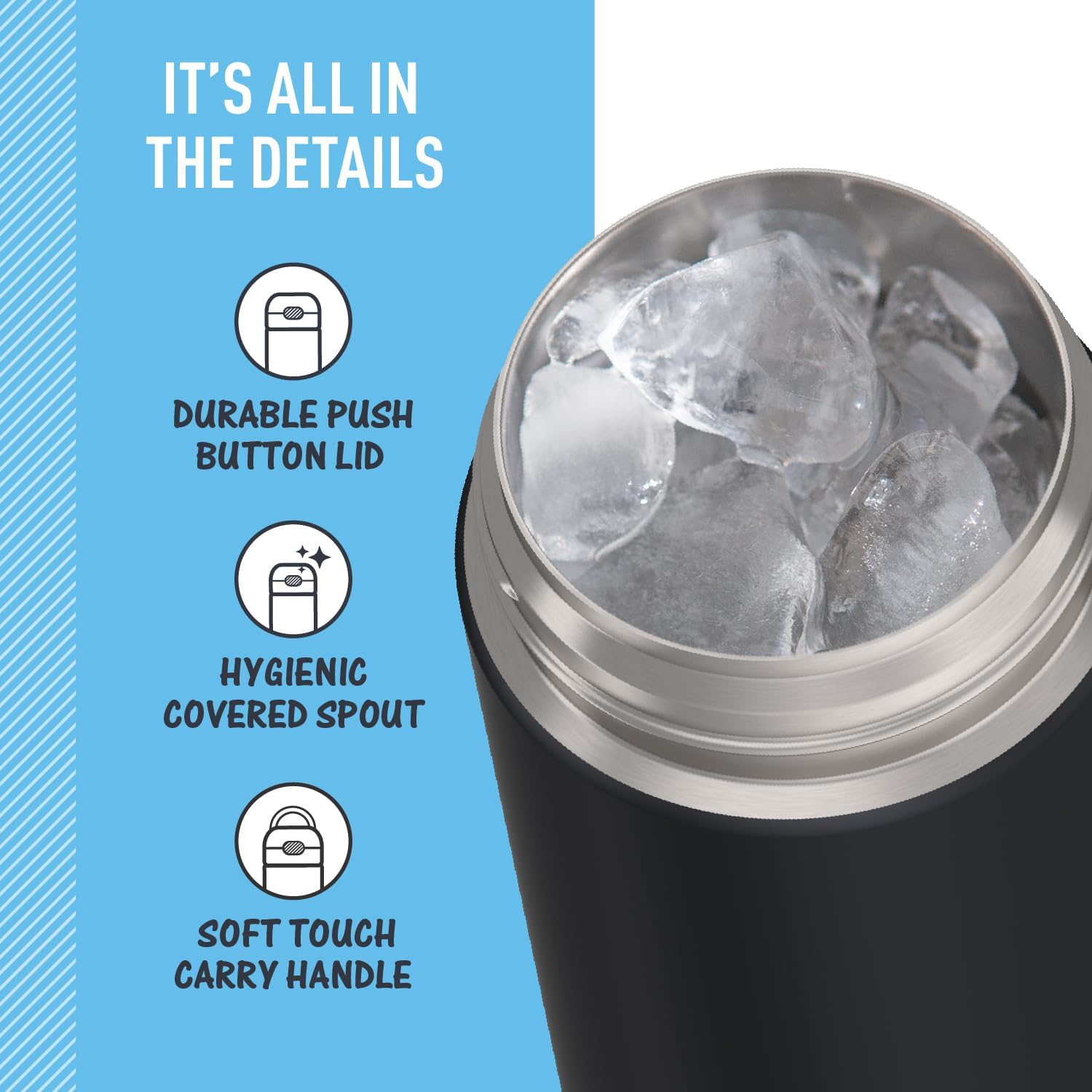 THERMOS FUNTAINER 16 Ounce Stainless Steel Vacuum Insulated Bottle with Wide Spout Lid, Matte Charcoal