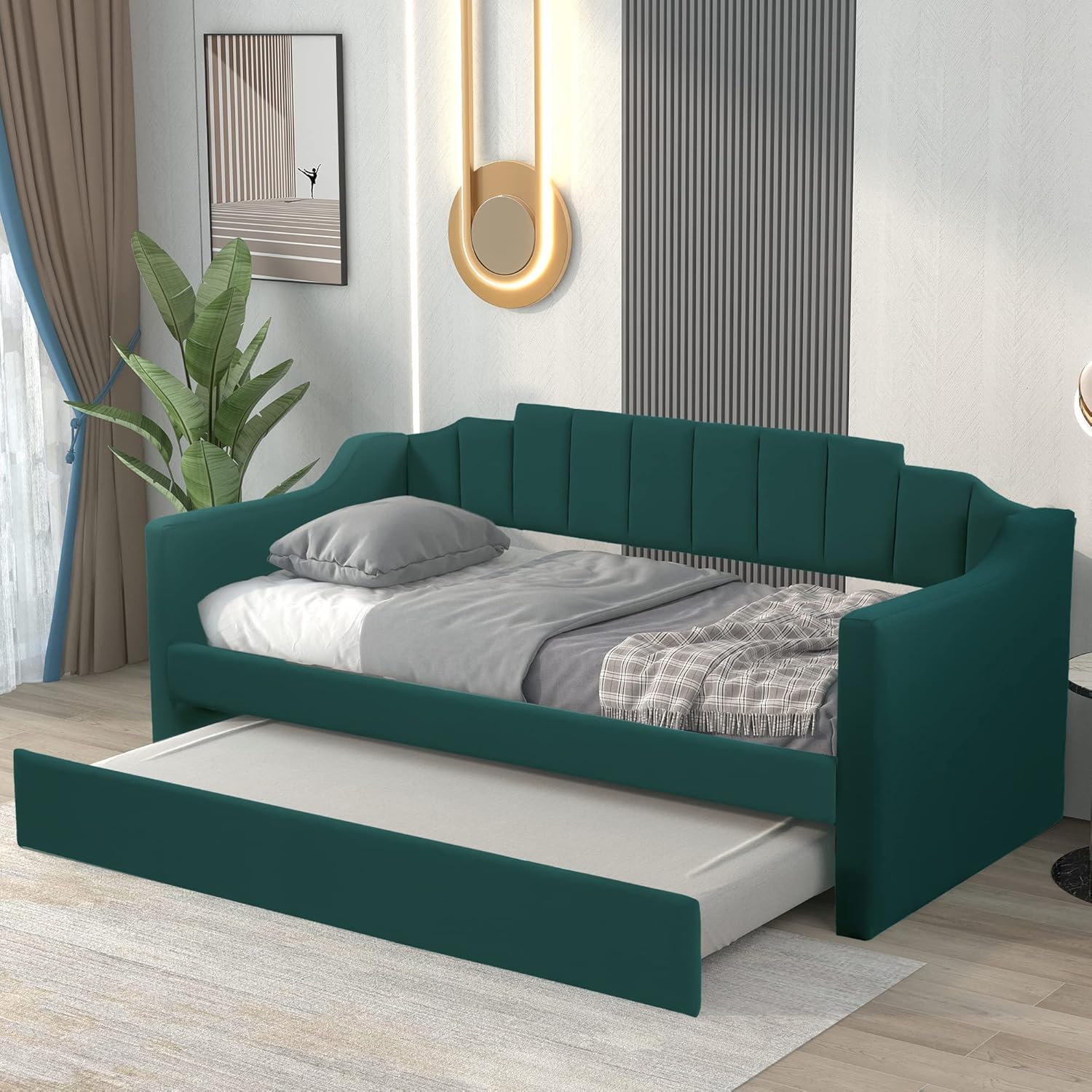 Twin Upholstered Daybed with Trundle Modern Sofa Bed Wooden Day Bed Frame for Living Room Bedroom Guest Room, Twin Size, Green