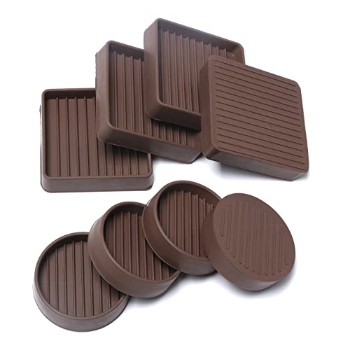 Furniture Caster Cups 4 Pack 2.5x2.5 Square and 4 Pack 2x2 Round Rubber Furniture Coasters with Anti-Sliding Floor Grip, Grey