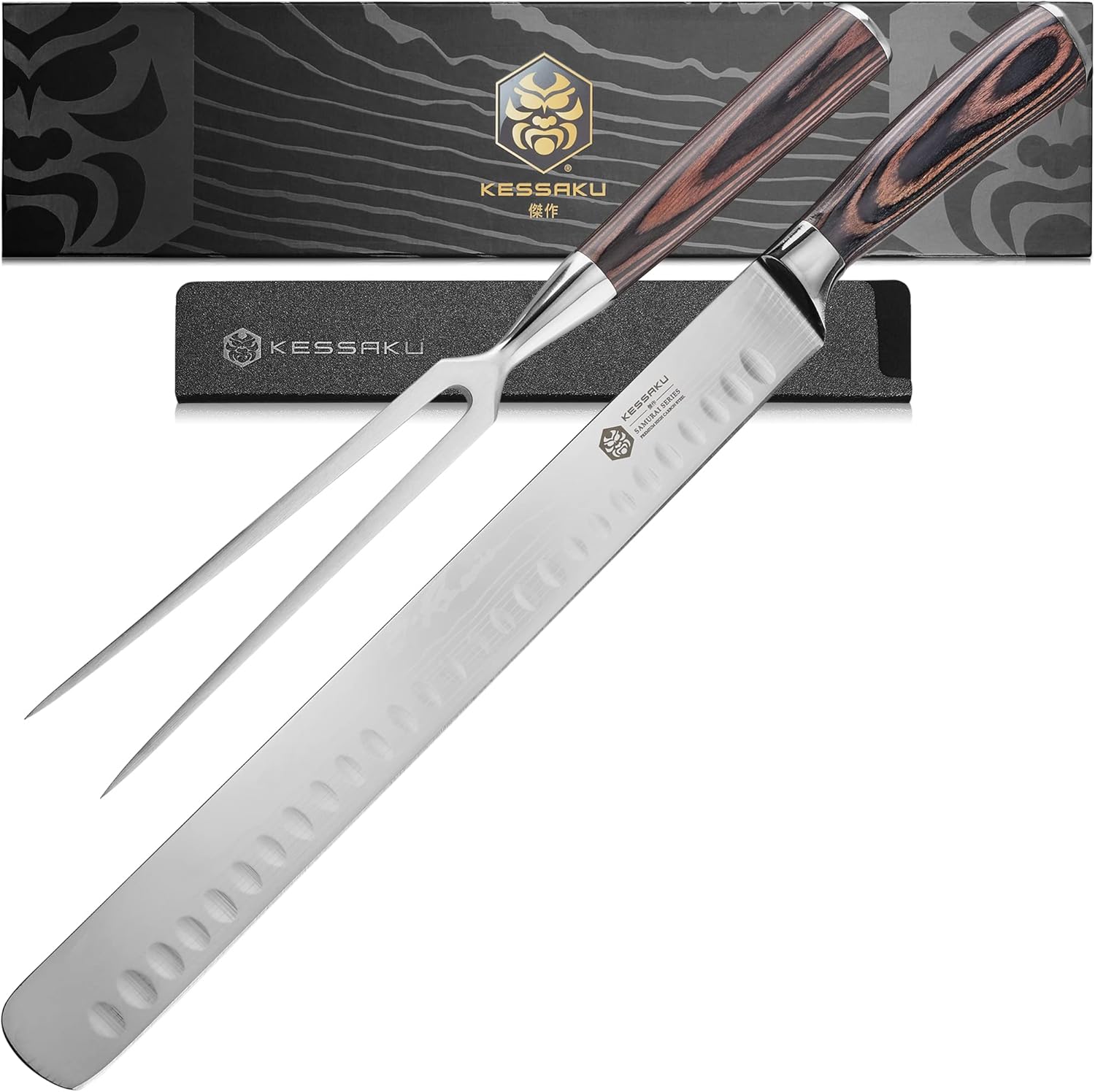 12-Inch Carving Slicing Knife & 6-Inch Meat Fork Set - Samurai Series - Granton Edge - Forged High Carbon 7Cr17MoV Stainless Steel - Pakkawood Handle with Blade Guard
