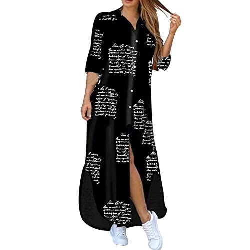 Summer Dresses with Long Sleeves Women's Fashion Lapel Buttons Sexy Slit Shirt Dress Women's Maxi Dresses with