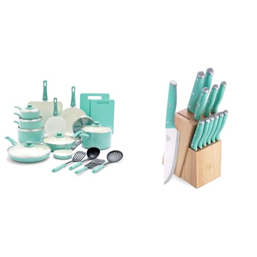 GreenLife Soft Grip Healthy Ceramic Nonstick 23 Piece Kitchen Cookware Pots & High Carbon Stainless Steel 13 Piece Wood Knife Block Set with Chef Steak Knives and more