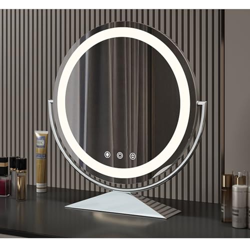 LED Smart Makeup Mirror, New Rotating Large Round Mirror Desktop Dressing Fill-in Light Mirror with Light for Makeup Desk, Bedroom, Dressing Room,Silver