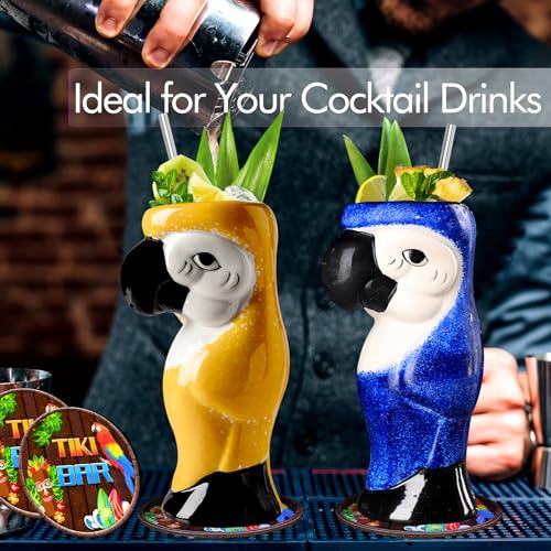 SuproBarware Tiki Mugs Set of 2 - Large Parrot Cocktail Tiki Glasses Hawaiian Party Cute Exotic Cocktail Glasses Hawaiian Ceramic Mug