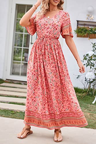 PRETTYGARDEN Women's Casual Summer Boho Floral Print Dress V Neck Short Sleeve High Waist Long Maxi Beach Dresses