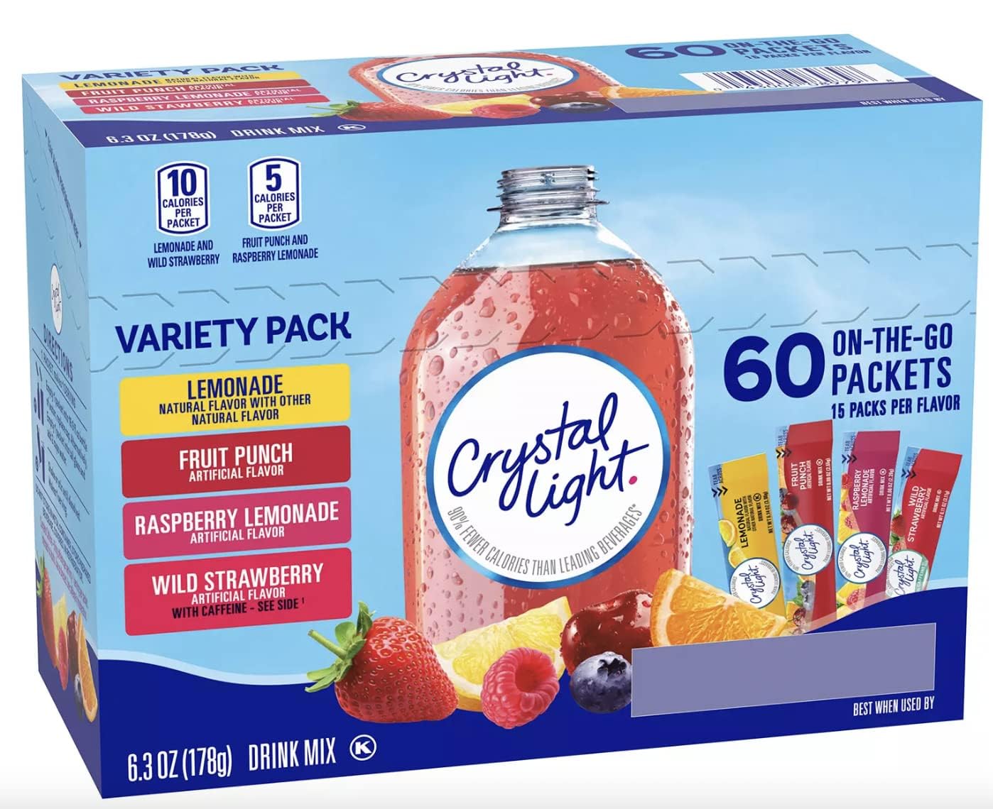 Crystal Light Sugar-Free, Lemonade, Fruit Punch, Raspberry Lemonade and Wild Strawberry On-The-Go Powdered Drink Mix Variety Pack, 60 Count, Each Packet Fits into a 16.9 oz. bottle or cup