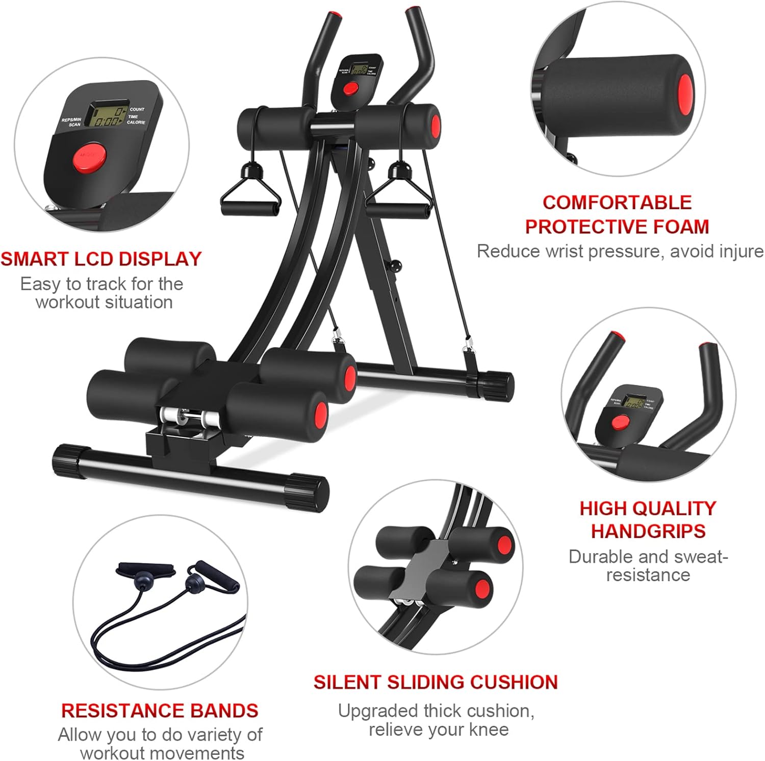 Ab Machine,Abs Workout Equipment for Home Gym,Whole Body Workout Waist Trainer for Women&Men,Adjustable Abdominal Cruncher,Foldable Core Abs Exercise Machine with Resistance Bands&LCD Display