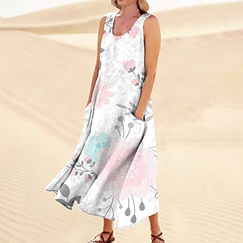 Flowy Dress Summer Beach Cover Ups Flowy Sleeveless Maxi Sun Dresses for Women Casual Loose Dresses with Pocket