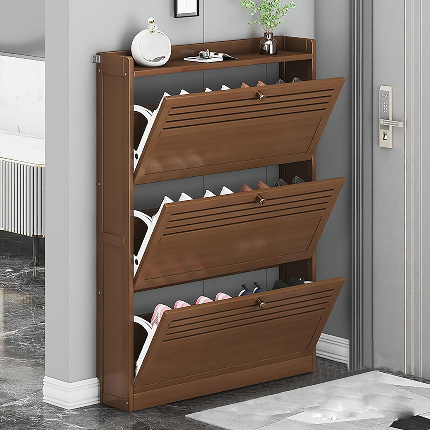 Bamboo Pull-Down Draws Shoe Cabinet Entryway Shoe Rack with 2/3 Doors, Space Saving Free Standing Flip Drawers Shoe Storage Cupboard Hallway Bedroom Living Room Furniture