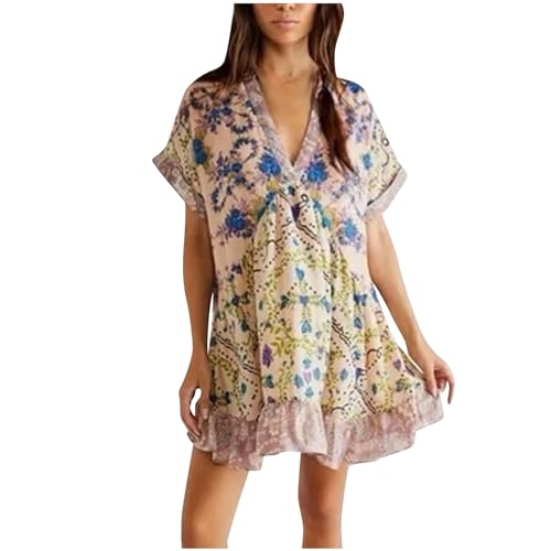 Generic Womens Boho Summer Dress 2024 Trendy V-Neck Puff Sleeve Y2K Flowy Mini Dress Casual Babydoll Floral Sundress