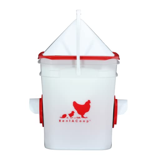 RentACoop 20 Pounds BPA-Free Chicken Feeder with Large Ports - includes Lid, Anti-Roost Cone, Rain Hoods - Suitable for Chickens - Center Placement