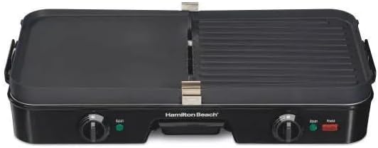 Hamiilton Beach 3-in-1 Grill/Griddle 25380 - Versatile Cooking, Dual-Zone Temperature Control, Easy Cleanup, Compact and Portable, Black