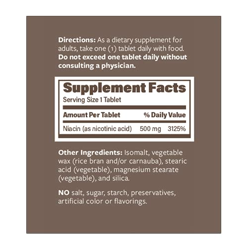 B3 Plain Niacin - 500mg Immediate Release Vitamin B-3 with Flush - Nicotinic Acid 100 Tablets - Non-GMO, Vegan, Gluten Free