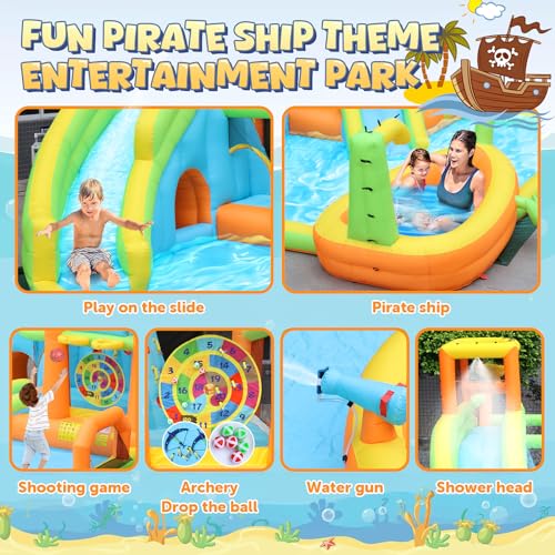 Inflatable Water Slide Park, Large Water Bouncer Castle Fun Bouncy House with Large Pool, Dual Slides, Climbing Wall, Basketball, Soccer, Archery, Toss Game, Easy to Set Up with Air Blower