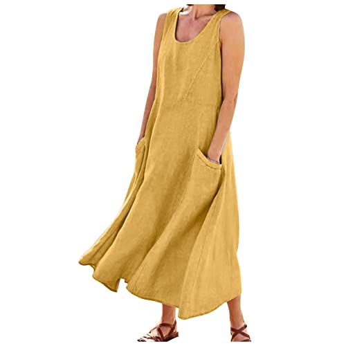 Women 2024 Summer Tank Dress Sleeveless U Neck Printed/Solid Boho Beach Shirt Maxi Flowy Linen Cotton Dresses with Pocket