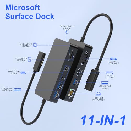 Microsoft Surface Dock Triple Displays Dual HDMI+VGA with Power Adapter,12 in 1 Surface Docking Station for Microsoft Surface Pro 11/10/9/8/X/7/6/5/4/3,Surface Laptop 7/6/5/4/3/2/1,Book Laptop Go 3/2