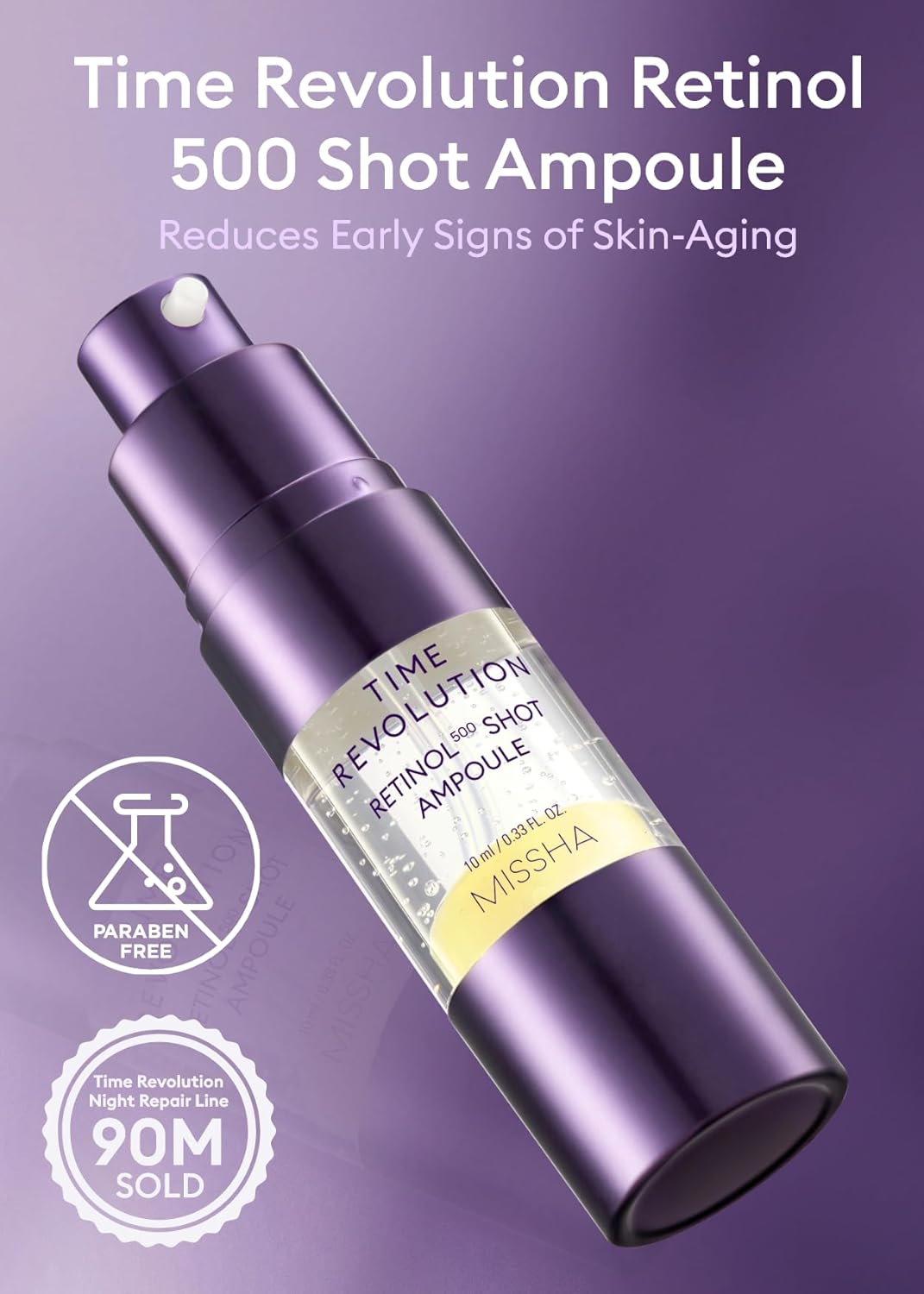 MISSHA Time Revolution Night Repair Retinol Intensive Ampoule 0.33 Fl oz - Advanced Korean serum for skin barrier strengthening, improved elasticity, radiance, overnight moisturization.