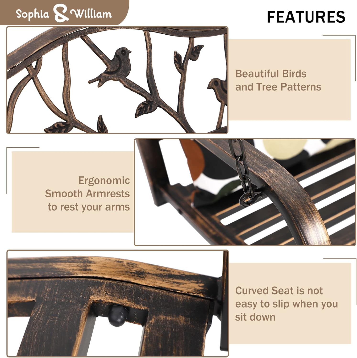Sophia & William Outdoor Porch Swing Chair Hanging Metal Bench Swing with Bird Backrest, 450lbs Weight Capacity