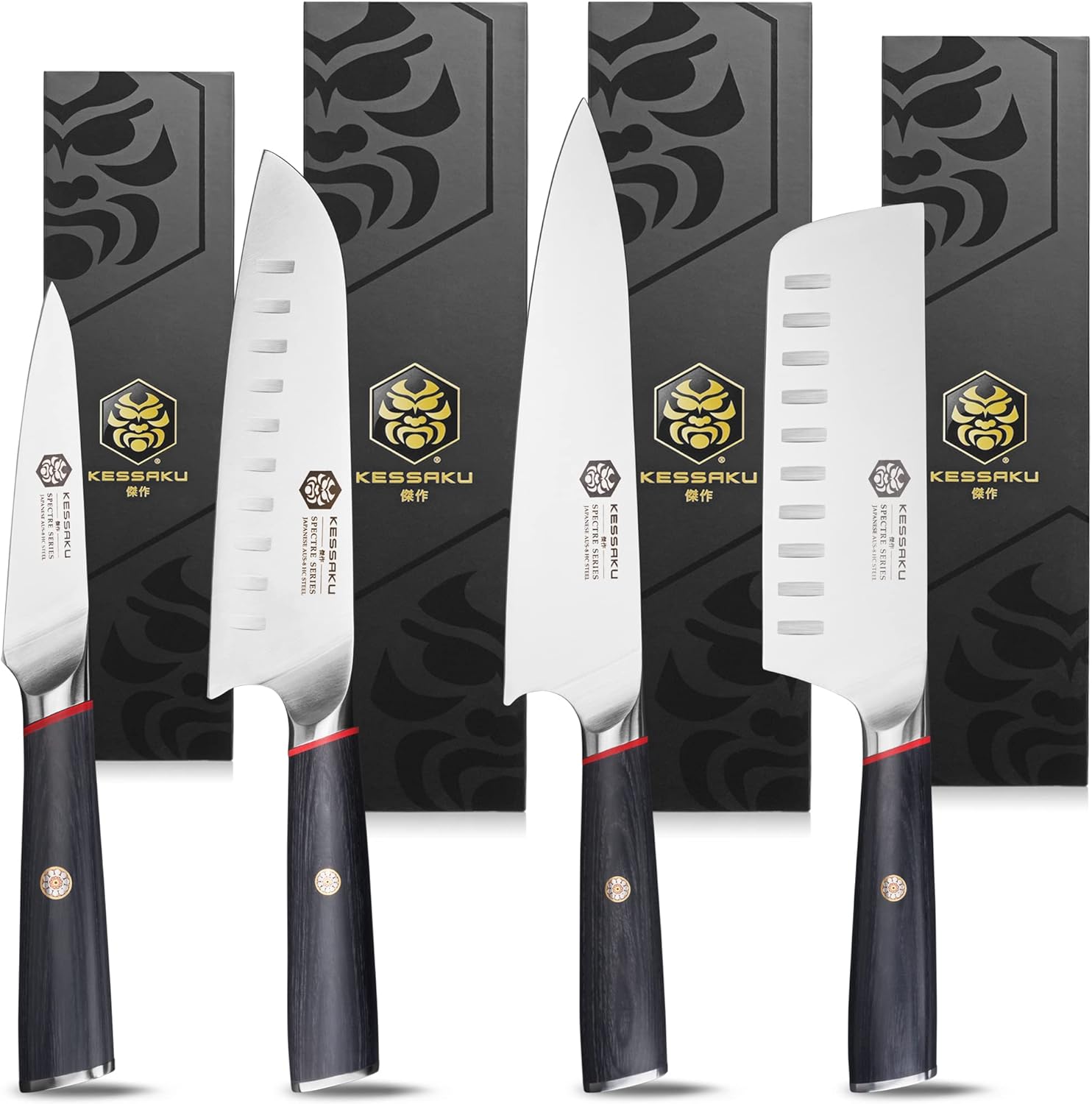 8-Inch Chef, 7-Inch Santoku, 6-Inch Nakiri, 4-Inch Paring - Spectre Series Knife Set - Forged High Carbon Japanese AUS-8 Stainless Steel - Pakkawood Handle with Blade Guards
