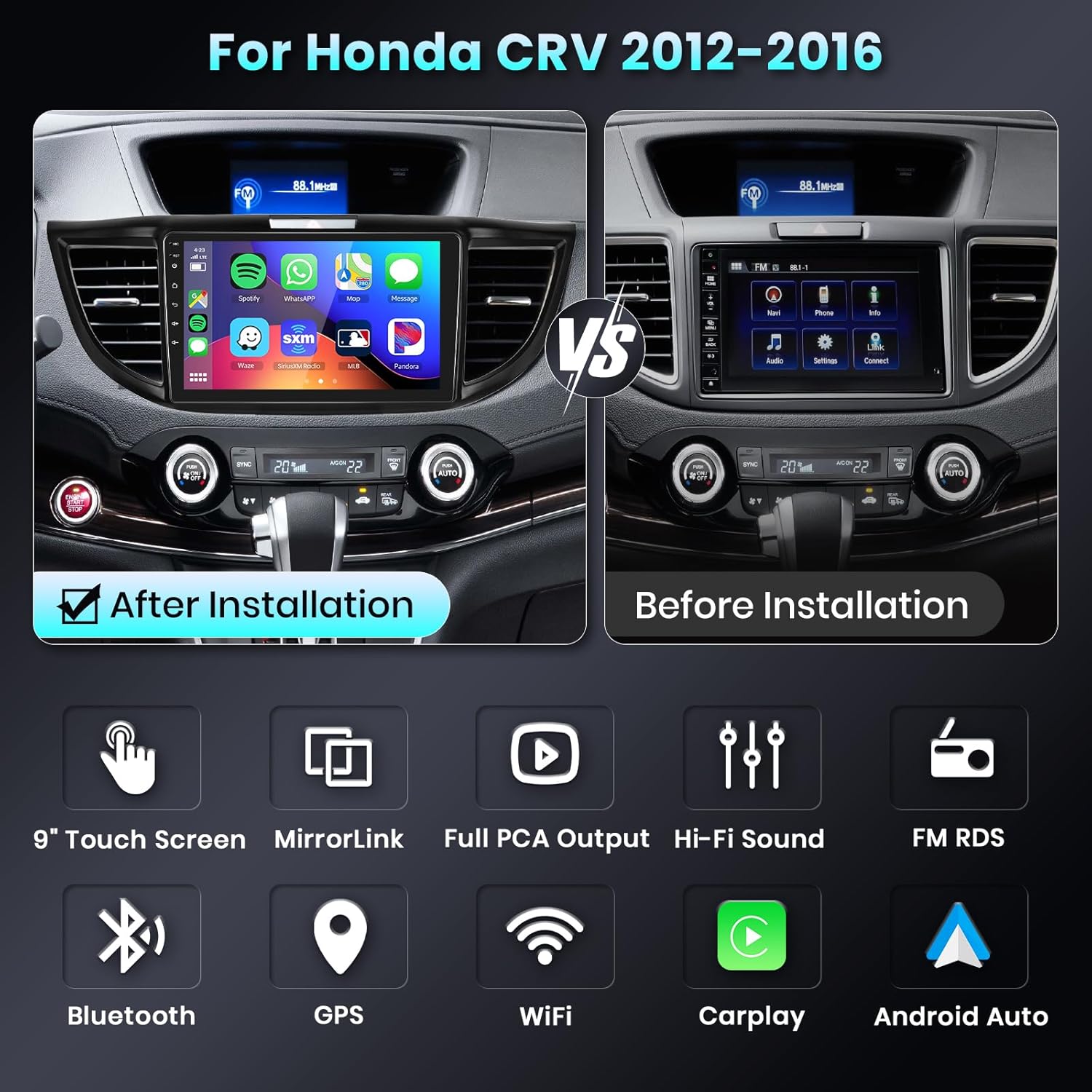 Android Car Stereo for Honda CRV 2012 2013 2014 2015 2016 Radio with Wireless Apple CarPlay Android Auto 9