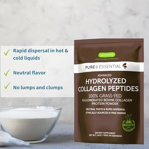 Pure & Essential 100% Grass Fed Bovine Collagen Powder, Advanced Hydrolyzed Collagen Peptides, Collagen Types 1, 2 & 3, Non-GMO, Free Range, Gluten & Dairy Free, Easy Mix, 40 Servings