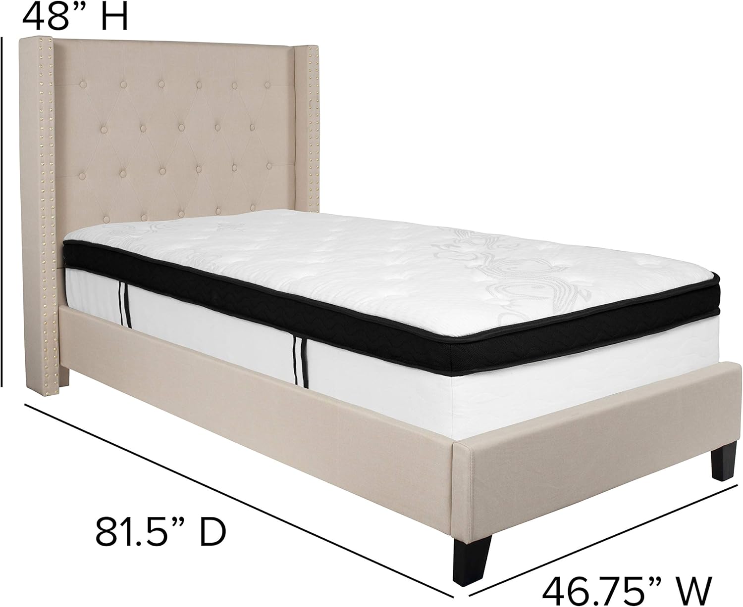 Flash Furniture Riverdale Twin Size Tufted Upholstered Platform Bed in Beige Fabric with Memory Foam Mattress