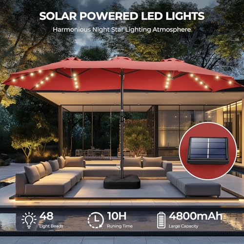Double Sided Patio Umbrellas - 15ft Solar Lights LED Lighted Outdoor Extra Large Market Table Umbrella with Base Included, Oversized Umbrella for Deck, Pool, Backyard