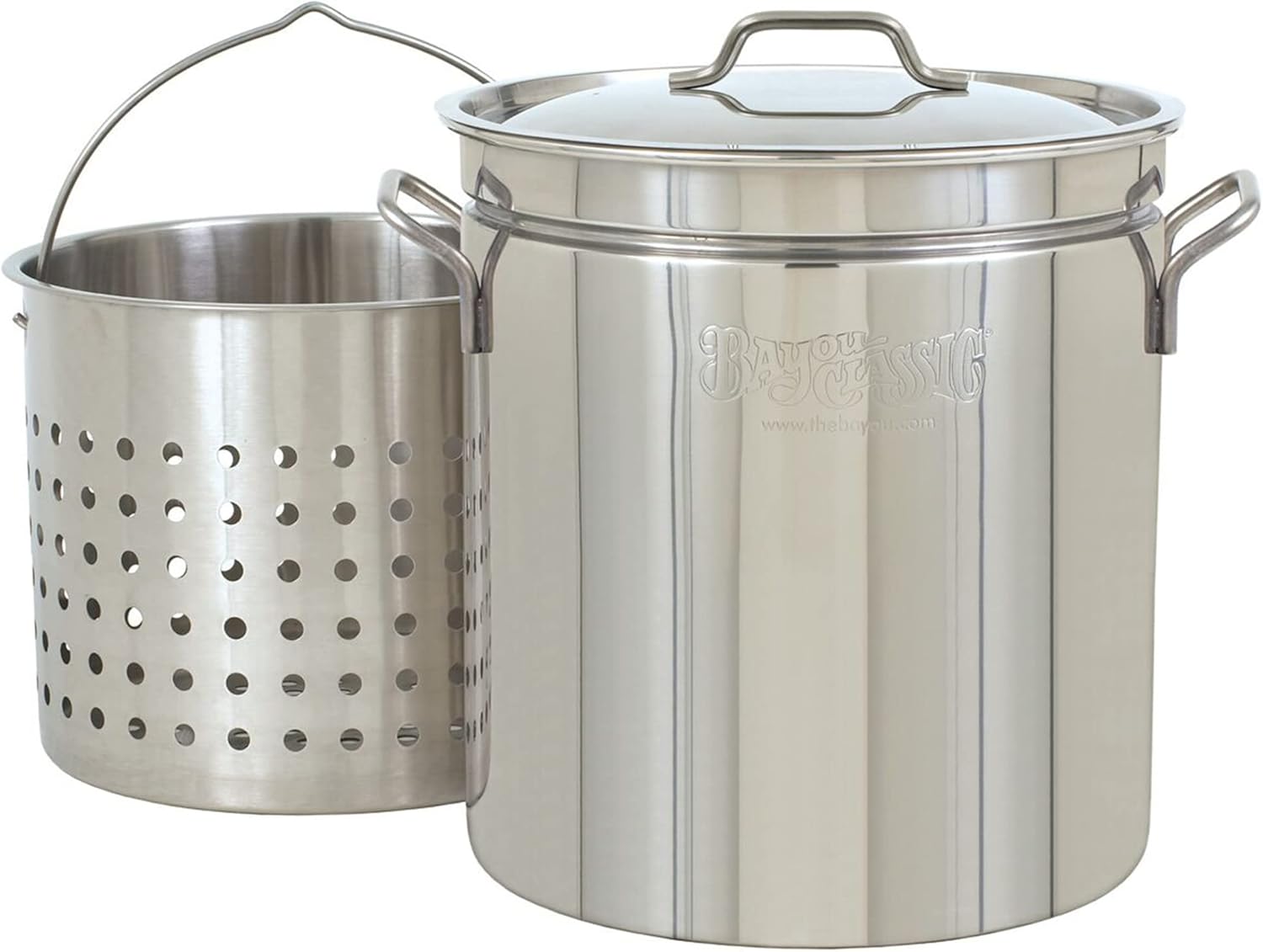 Bayou Classic 1160 62-qt Stainless Stockpot w/Stainless Perforated Basket Features Heavy Welded Loop Handles Domed Vented Lid Perfect For Steaming Boiling Canning and Preserving