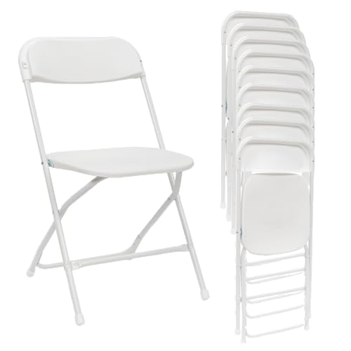 10 Pack White Plastic Folding Chair, Indoor Outdoor Portable Stackable Commercial Seat with Steel Frame 350lb. Capacity for Events Office Wedding Party Picnic Kitchen Dining (White)