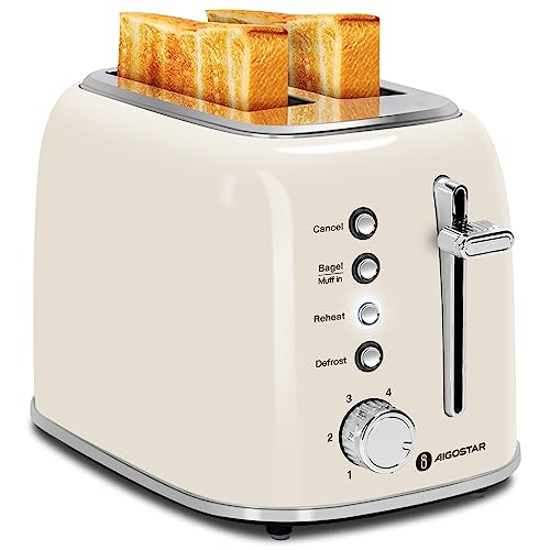 Aigostar Toaster 2 Slice Retro Toaster Stainless Steel, 1.6 inch Extra Wide Slots Bread Toaster Bagel, Cancel, Defrost Function, 6 Shade Settings & Removable Crumb Tray for Bread Waffle, Aqua Green