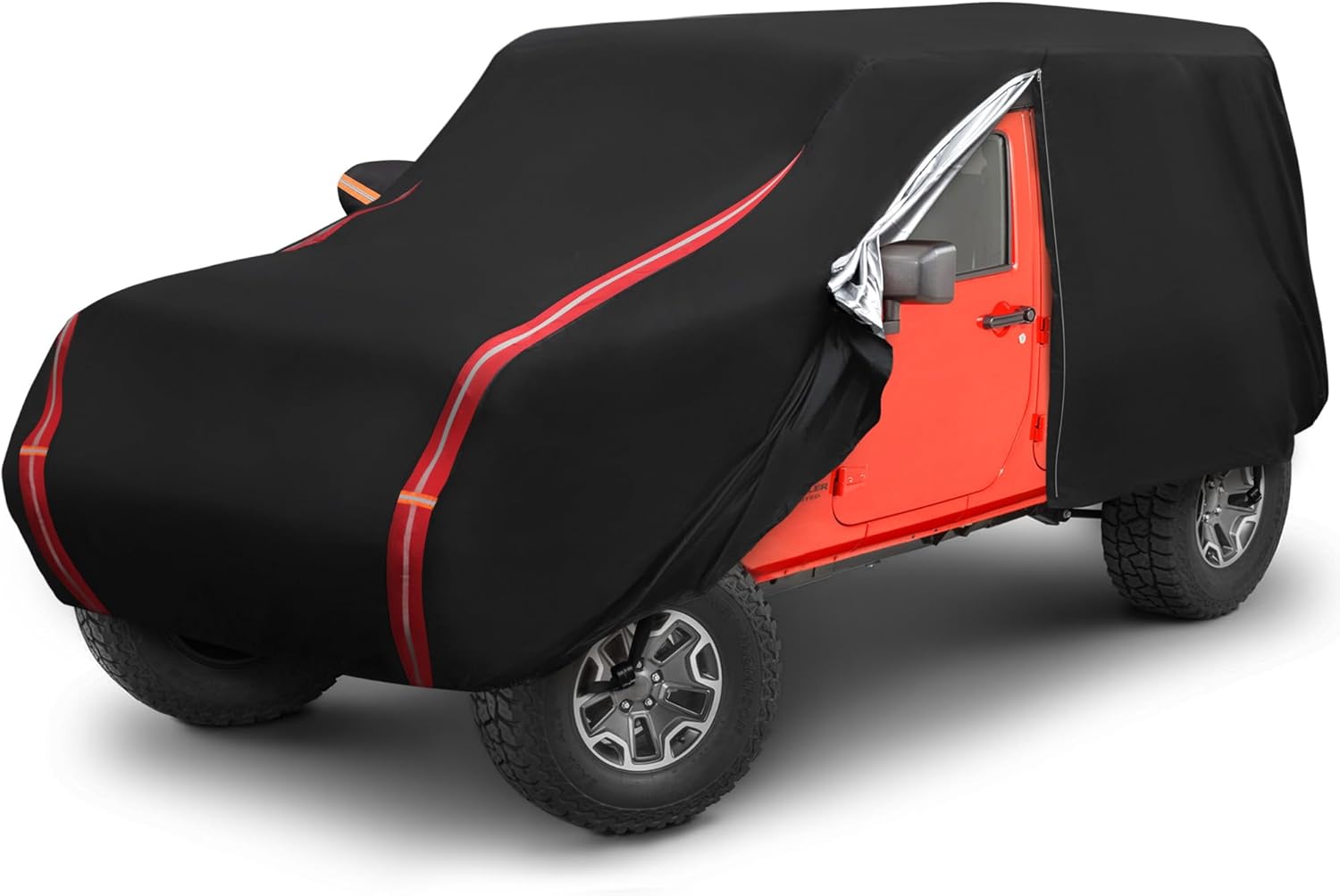 Jeep Wrangler Car Cover All-Weather for 4 Door, Upgraded Zipper Door Full Exterior Covers, 210D Oxford Cloth Cover w/Windproof Straps for JK JL, Sun Rain Dust Wind Snow Protection