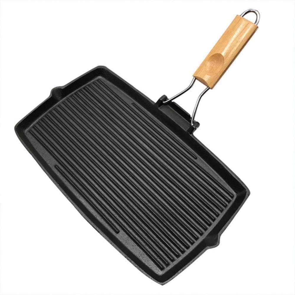 Cast Iron Grill pan, with Folding Handle, Rectangular, for Steak or BBQ,Steak pan with Wooden Handle, Cookware Griddle Pan Non,Grill with Folding Handle, Cast Iron Pans
