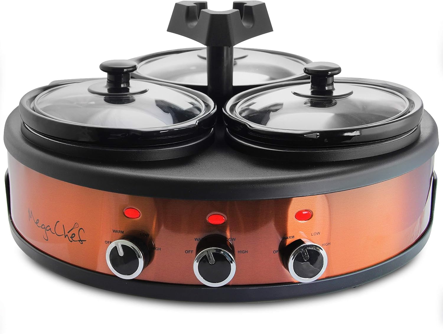 MegaChef Round Triple 1.5 Quart Slow Cooker and Buffet Server in Brushed Copper and Black Finish with 3 Ceramic Cooking Pots and Removable Lid Rests