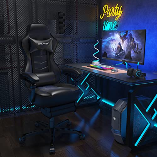 ELECWISH Computer Gaming Chair with Footrest, Ergonomic Gamer Chair for Adults, High Back Adjustable Swivel Desk Chair with Lumbar Support, PU Leather Racing Style Chair, White