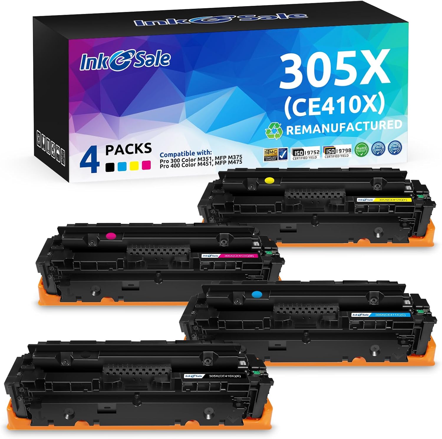 INK E-SALE Remanufactured 305X Toner Cartridges Replacement for HP 305X 305A CE410X CE410A Canon 118 for use with HP Pro 300 M351 MFP M375nw Pro 400 M451nw MFP M475dw Canon ImageCLASS MF726Cdw 4 Pack
