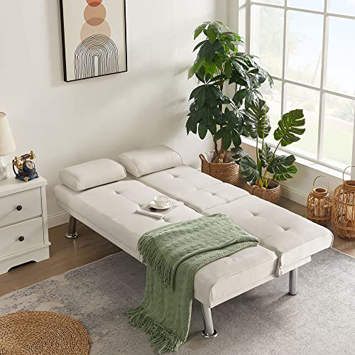 Convertible Folding Futon Sofa Bed,PU Leather Upholstered Modern Couch Loveseat Sleeper, Folding Daybed Guest Bed, Removable Armrests, 2 Cup Holders, Metal Legs (Beige)