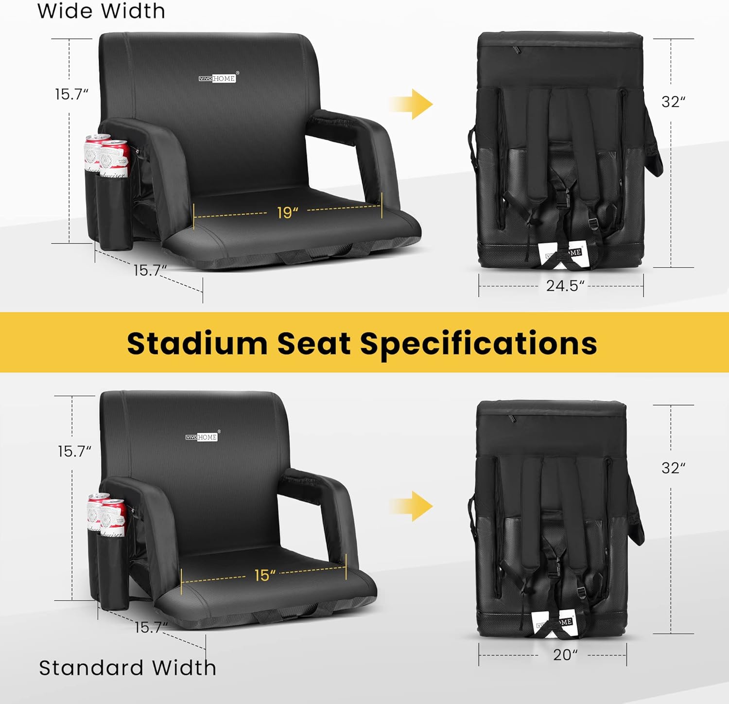 VIVOHOME 20 Inch Standard Width Reclining Stadium Seat Chairs with Backrest and Armrests, Portable Cushions Portable Stadium Seat for Bleachers with Back Support, Folding Bleacher Chair