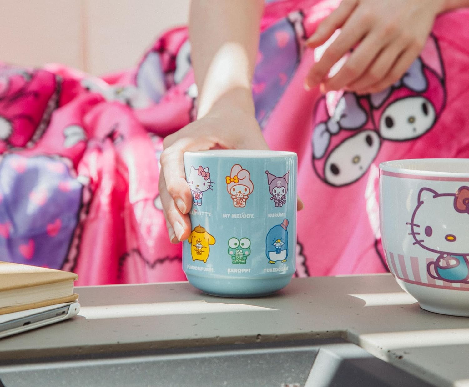 Hello Kitty Sanrio and Friends Drinking Boba Character Grid Asian Ceramic Tea Cup | Traditional Japanese-Inspired Mug Without Handle | Holds 9 Ounces