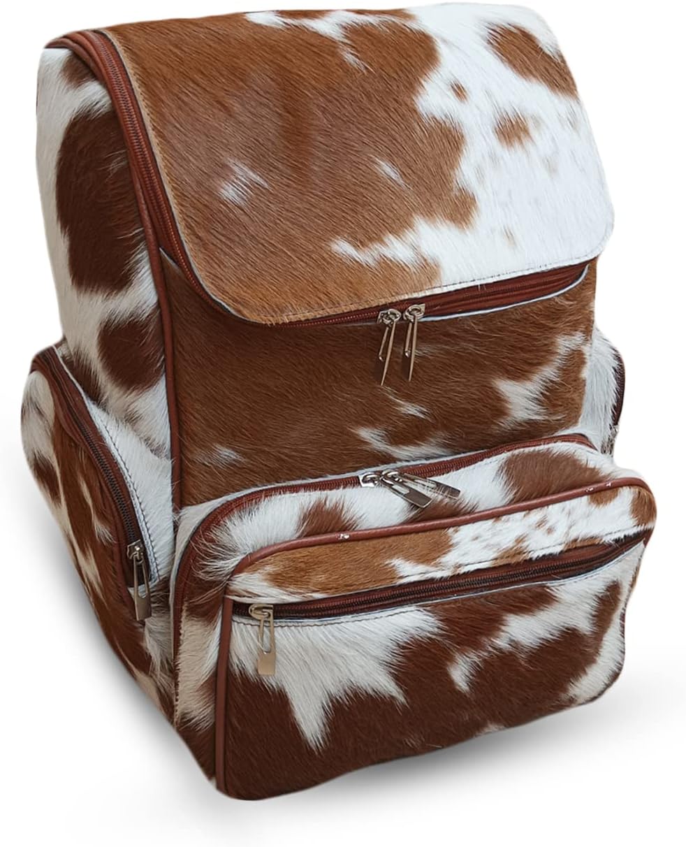 Real Cowhide Backpack Bag Cowhide Diaper Bag Travel Daypack Bag Hold all Backpack Multi Pockets | Brown and White Backpack Bag