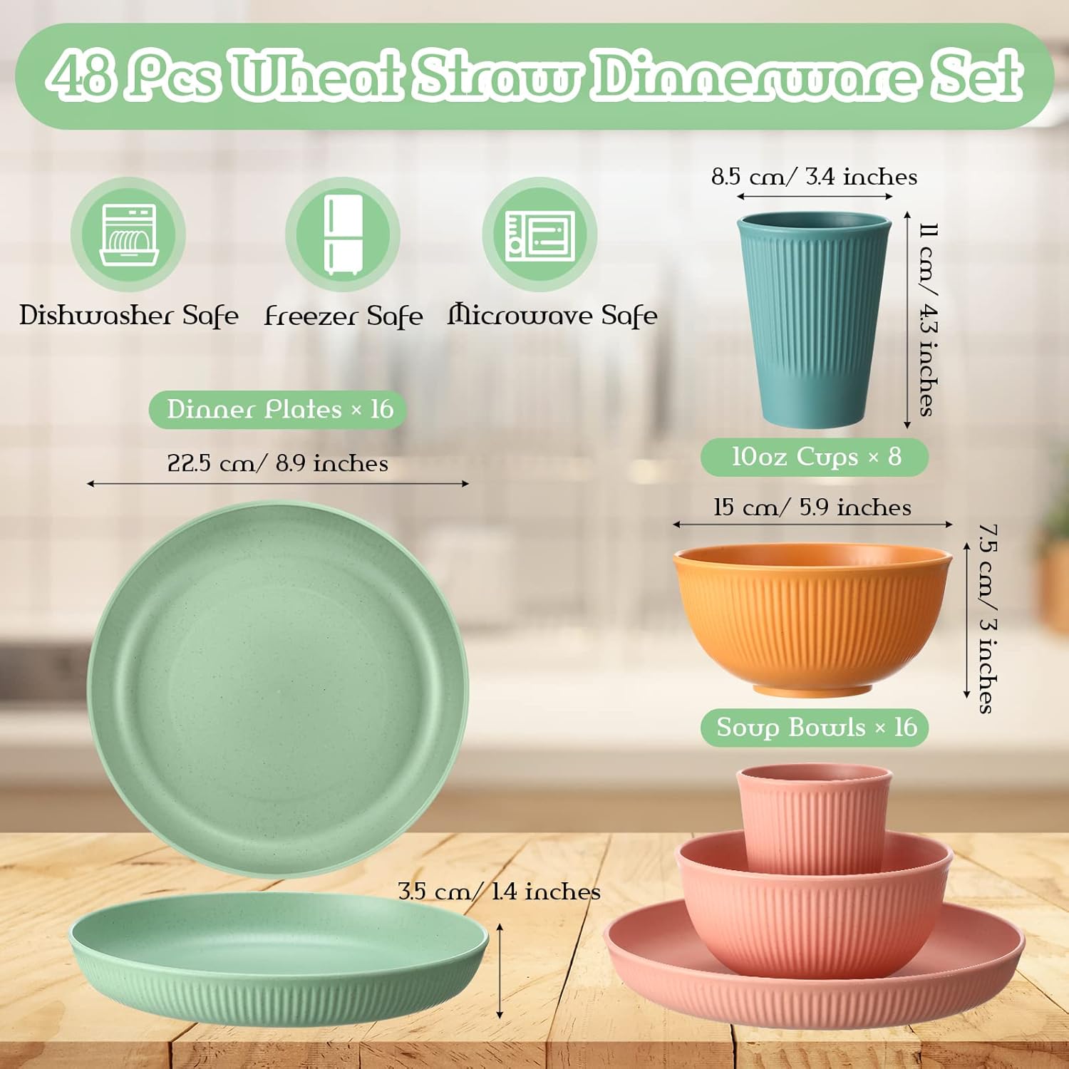 Gejoy 48 Pack Wheat Straw Dinnerware Sets Dishwasher Microwave Safe Dishes Set for 16 Unbreakable Lightweight Plastic Cup Plates and Bowls Sets Reusable Tableware Set for Kids Camping Party Kitchen RV