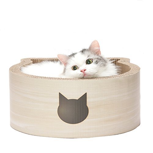 Necoichi Cat-Headed Scratcher Bed (Birch, Regular) | Cardboard Cat Scratcher Bowls for Indoor Cats - Cat Scratching Board, Cat Scratch Pad Reversible Usability and Extra Comfort for Lounge