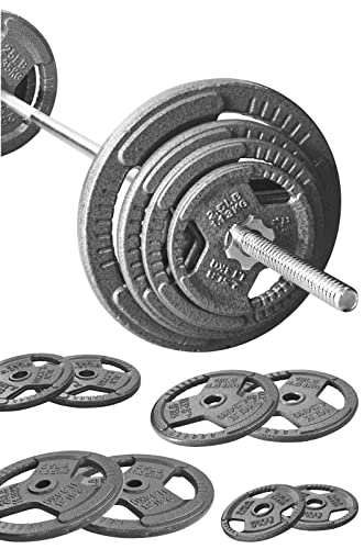 Signature Fitness Cast Iron Standard Weight Plates Including 5FT Standard Barbell with Star Locks, 95-Pound Set (85 Pounds Plates + 10 Pounds Barbell), Multiple Styles