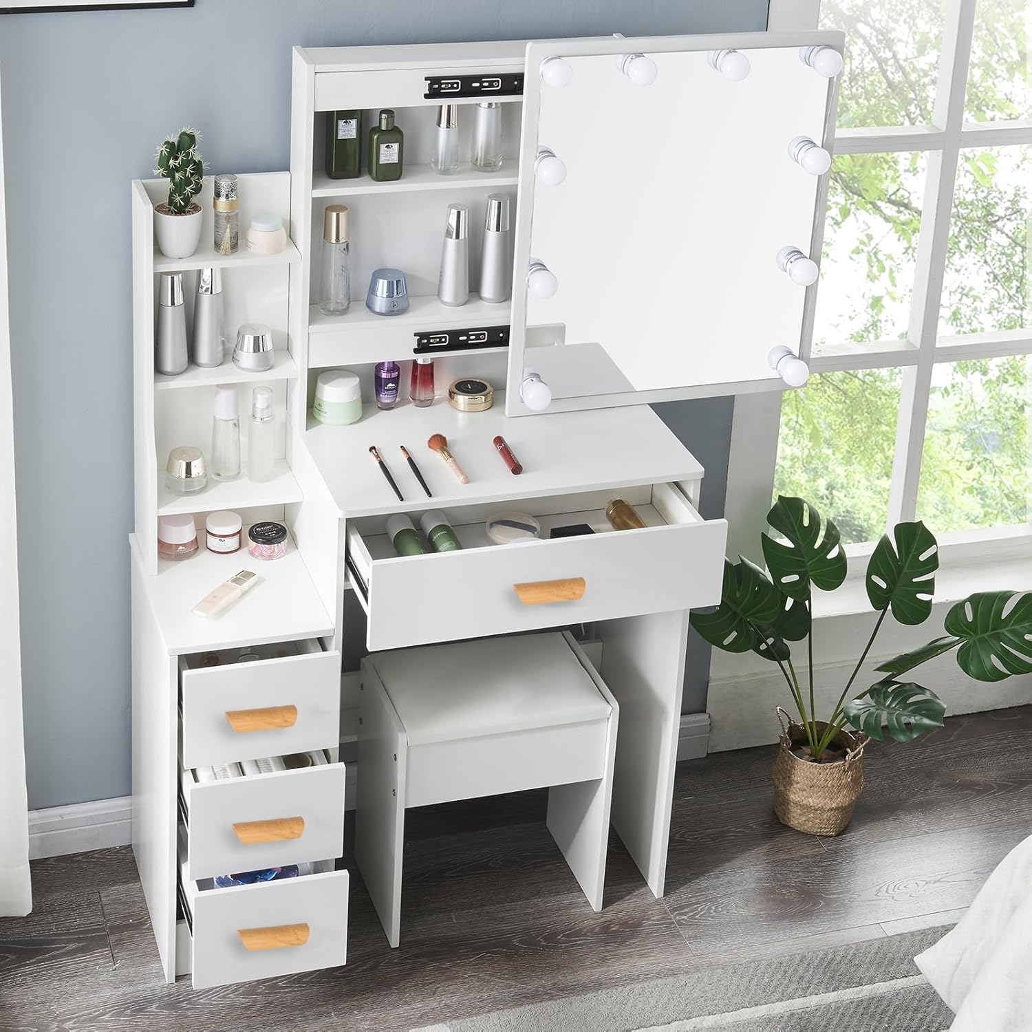 Vanity Desk with Mirror and LED Light, Dressing Table with 4 Large Drawers, Dressing Table for Bedroom, Makeup Vanity Set with Stool, Modern White