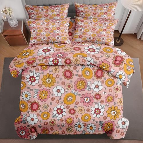 5 Pcs Comforter Set Twin Size, Stone Retro Black Gold Bed in a Bag with Flat Sheet and Fitted Sheet for Kids and Adults, Green Orange Rainbow Bedding Set with Pillowcase & Sham