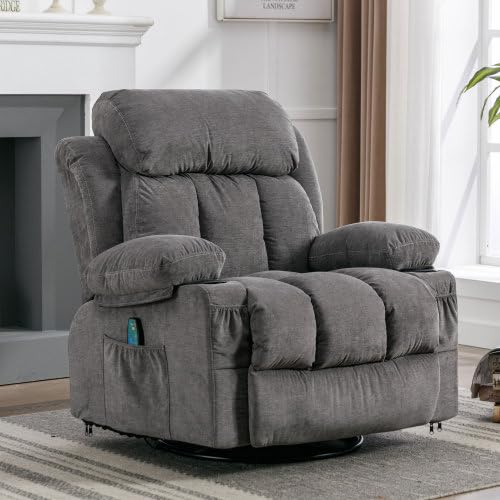 Dolonm Massage Rocker Recliner Chair with Heat, Oversize Swivel Rocking Chair with USB and 2 Cup Holders, Side Pockets, Manual Overstuffed Recliner (Fleece Fabric + Grey)