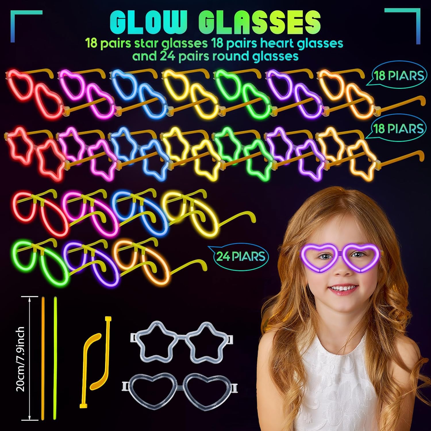 Jexine Glow Glasses Glow the Dark Party Supplies Glow Stick Sunglasses Bulk Neon Birthday Party Favor for Adults Kids(60 Pcs, Cute Style)