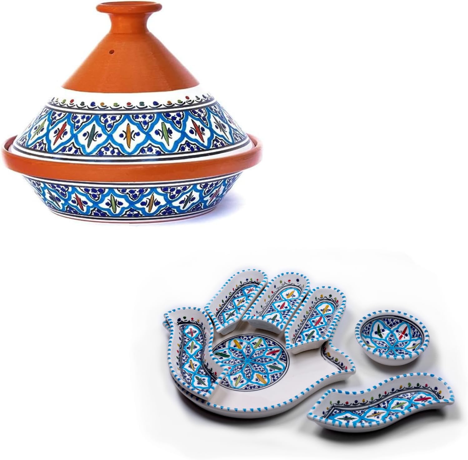 Kamsah Supreme Turquoise Tagine and Hamsa Serving Platter Bundle | Moroccan Ceramic Pots and Plate Set For Cooking and Serve Ware (Large Tagine, Appetizer Tray) | Handmade and Hand Painted
