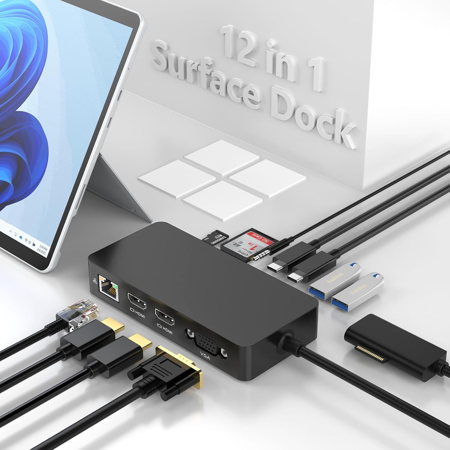 Microsoft Surface Dock Triple Displays, Dual 4K HDMI+VGA, 12 in 1 Microsoft Surface Docking Station for Surface Pro 9/8/X/7/6/5/4/3, Surface Laptop go/5/4/3/2/1, Surface Book 3/2/1, Black